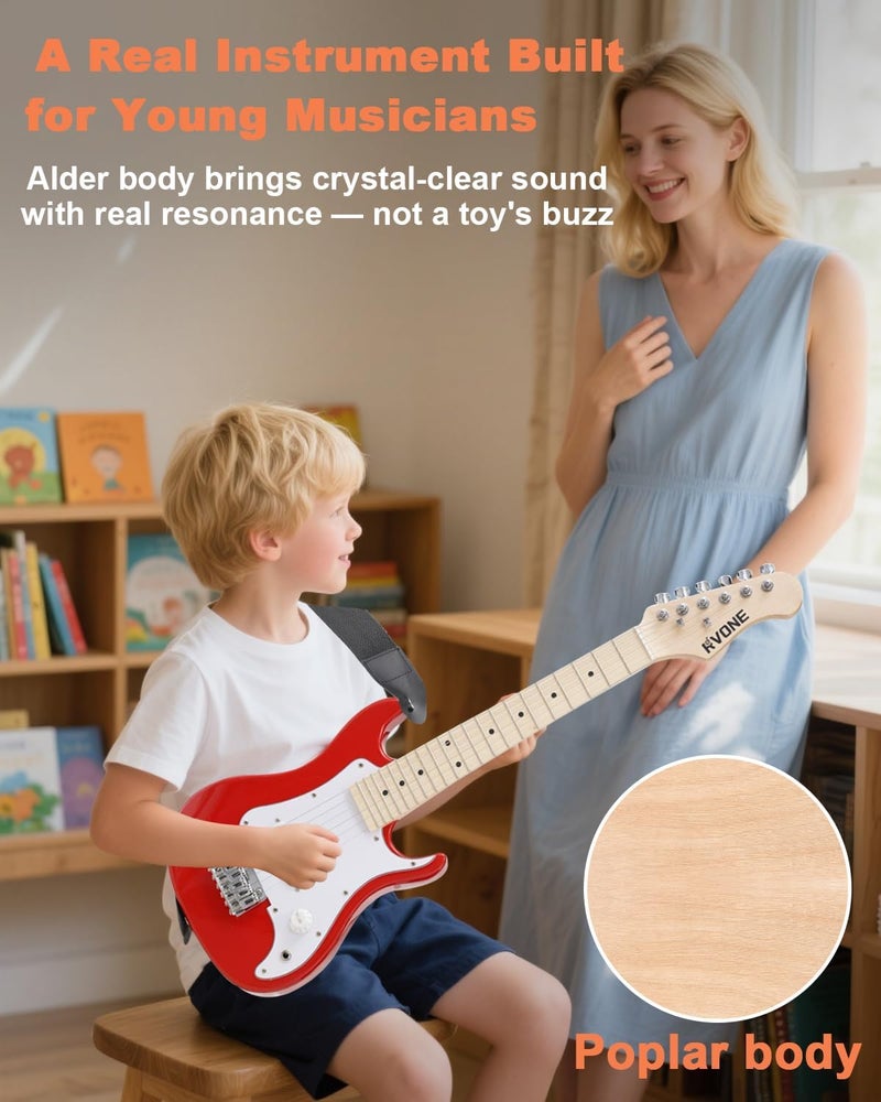 RVONE Kids Electric Guitar Beginner Kit 30 Inch, Mini ST Style Electric Guitar for Boys Girls with Amp 5W, Gig Bag, Tuner, Strap, Cable, Picks, Extra Strings, RST-70 Red - Image 3